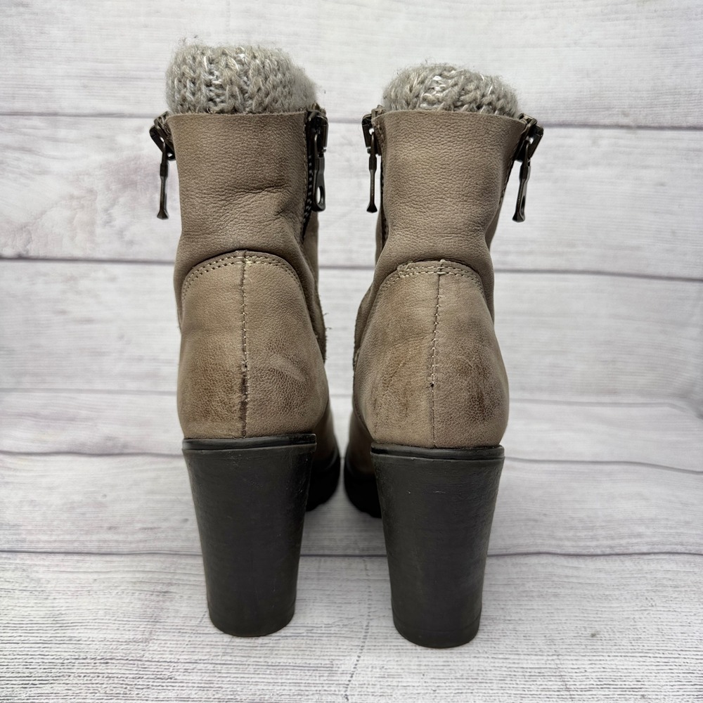 Steve Madden Sweaterr Taupe Leather Knit Collar‎ Block Heel Ankle Boots 7.5 - Picture 2 of 10